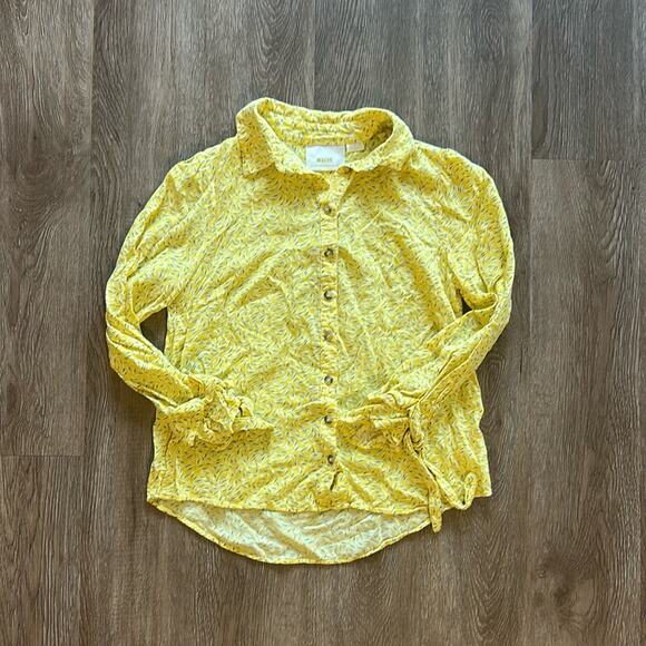 Anthropologie Maeve Blithe Yellow Printed Tie Sleeve Buttondown Top Size 0 - Picture 1 of 5